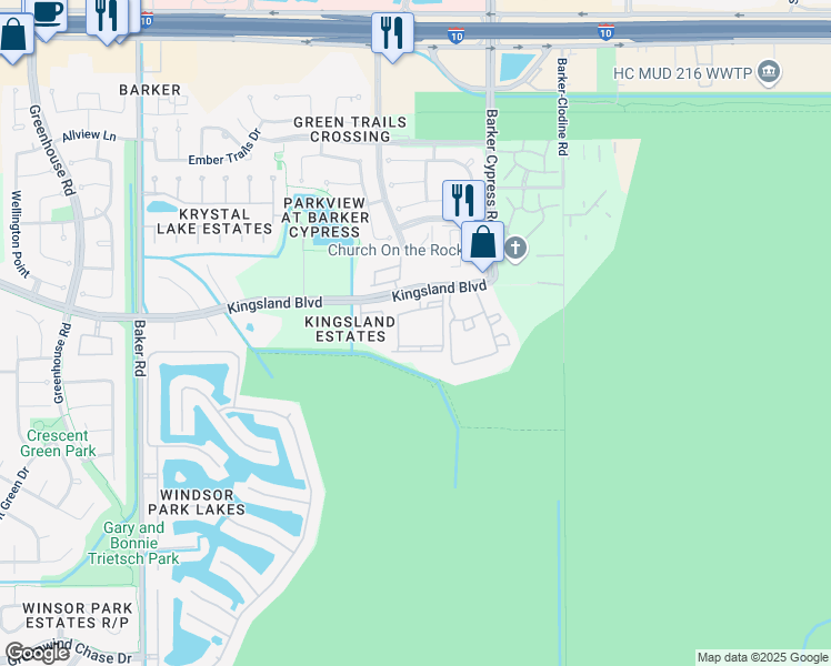 map of restaurants, bars, coffee shops, grocery stores, and more near 18325 Kingsland Boulevard in Houston
