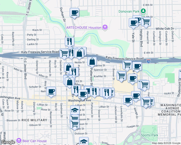 map of restaurants, bars, coffee shops, grocery stores, and more near 4501 Eigel Street in Houston