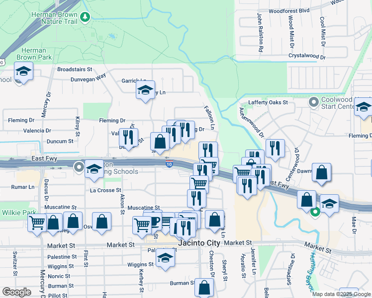map of restaurants, bars, coffee shops, grocery stores, and more near 11039 East Freeway Service Road in Houston