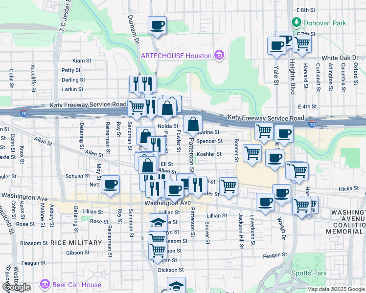map of restaurants, bars, coffee shops, grocery stores, and more near 4517 Eigel Street in Houston