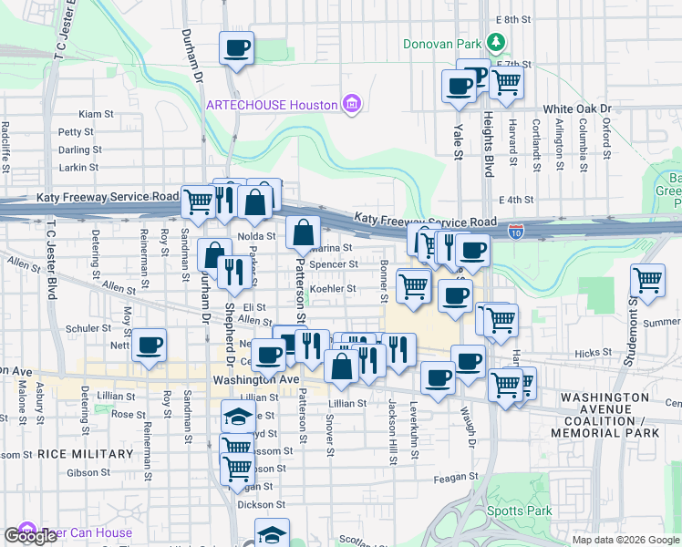 map of restaurants, bars, coffee shops, grocery stores, and more near 4306 Eigel Street in Houston