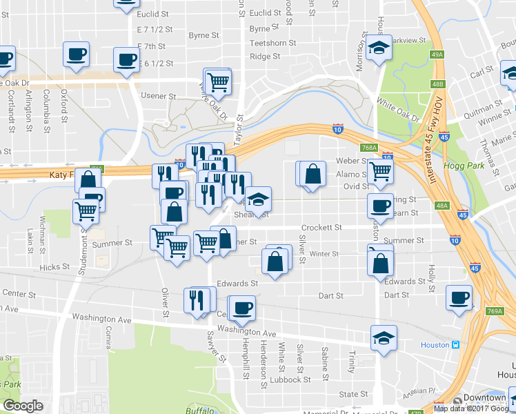 map of restaurants, bars, coffee shops, grocery stores, and more near 2110 Shearn Street in Houston