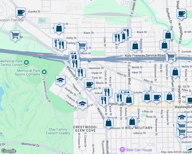 map of restaurants, bars, coffee shops, grocery stores, and more near 6113 Clyde Street in Houston
