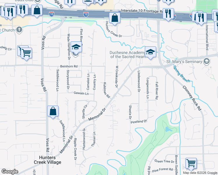 map of restaurants, bars, coffee shops, grocery stores, and more near 701 West Creekside Drive in Houston