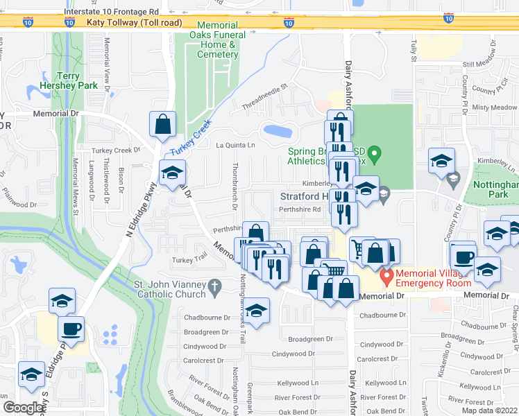 map of restaurants, bars, coffee shops, grocery stores, and more near 14814 Perthshire Road in Houston