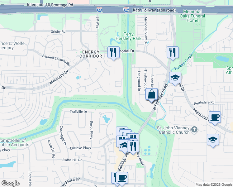 map of restaurants, bars, coffee shops, grocery stores, and more near 858 Plainwood Drive in Houston