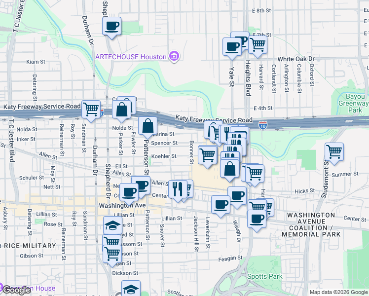 map of restaurants, bars, coffee shops, grocery stores, and more near 4130 Eigel Street in Houston
