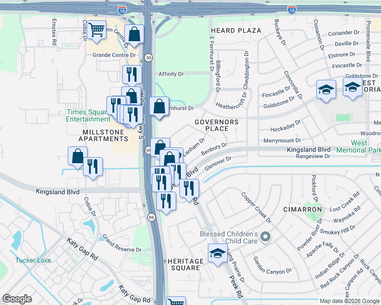map of restaurants, bars, coffee shops, grocery stores, and more near 23031 Lanham Drive in Katy