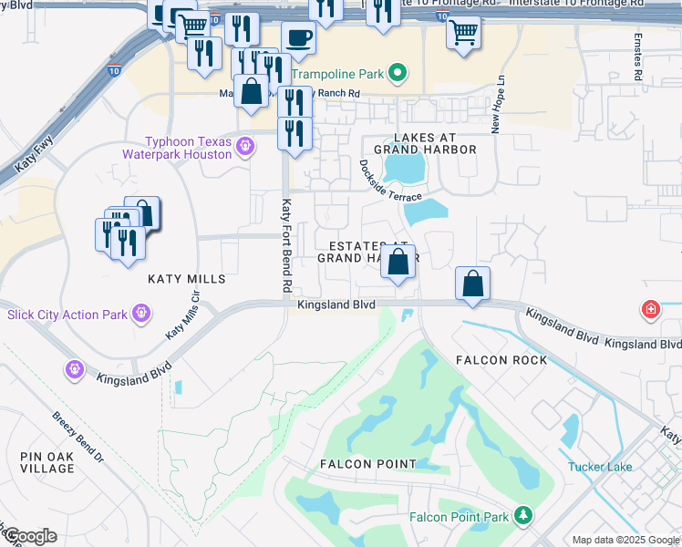 map of restaurants, bars, coffee shops, grocery stores, and more near 24802 Kingsland Boulevard in Katy