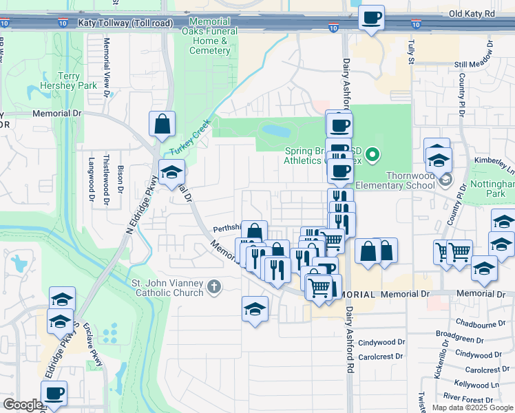 map of restaurants, bars, coffee shops, grocery stores, and more near 14814 Perthshire Road in Houston
