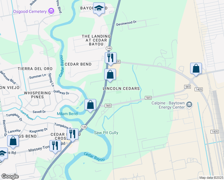 map of restaurants, bars, coffee shops, grocery stores, and more near 110 Lincoln Cedars Drive in Baytown