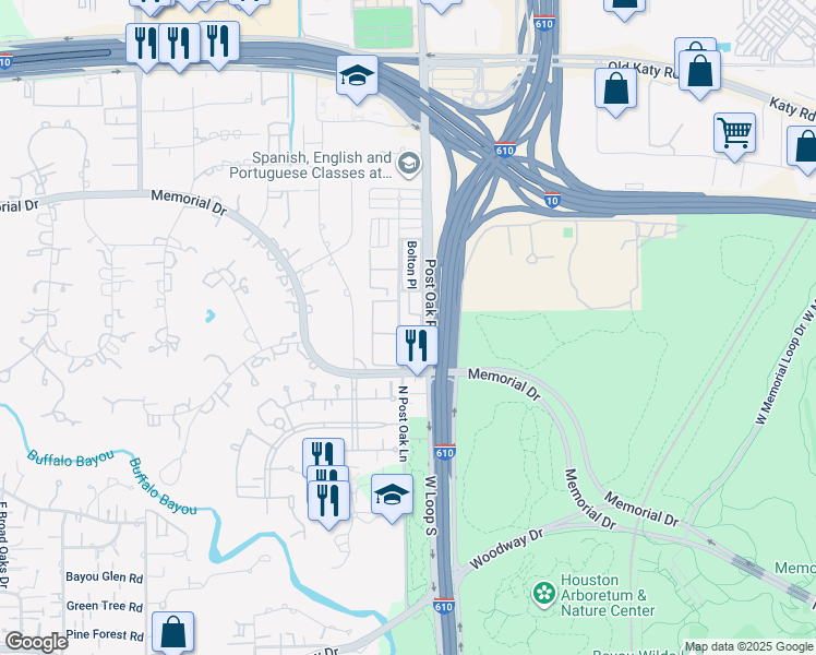 map of restaurants, bars, coffee shops, grocery stores, and more near 402 North Post Oak Lane in Houston