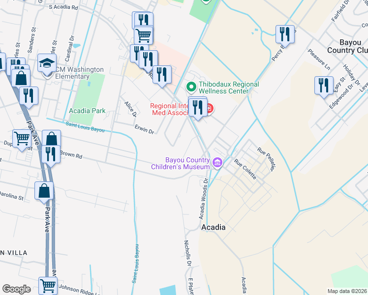 map of restaurants, bars, coffee shops, grocery stores, and more near 128 Rue Celeste in Thibodaux