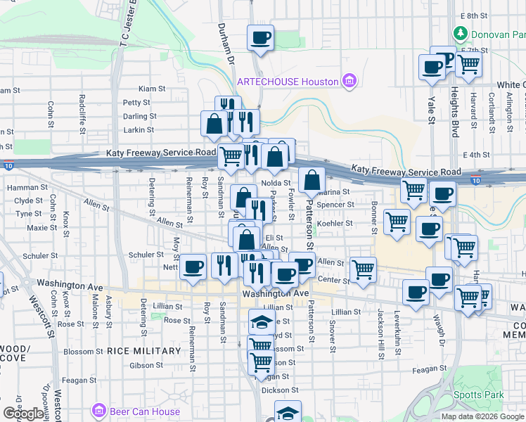 map of restaurants, bars, coffee shops, grocery stores, and more near Eigel Street in Houston