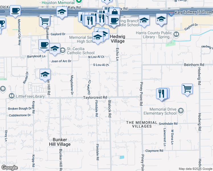 map of restaurants, bars, coffee shops, grocery stores, and more near 742 Blalock Road in Houston