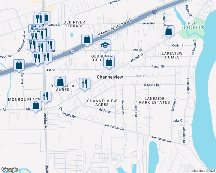map of restaurants, bars, coffee shops, grocery stores, and more near 16123 East Channelview Drive in Channelview