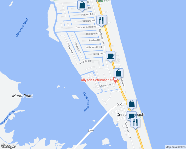 map of restaurants, bars, coffee shops, grocery stores, and more near 308 Amelia Court in St. Augustine