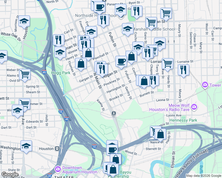 map of restaurants, bars, coffee shops, grocery stores, and more near 705 Harrington Street in Houston