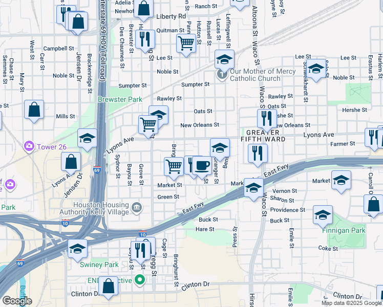 map of restaurants, bars, coffee shops, grocery stores, and more near 3714 Farmer Street in Houston
