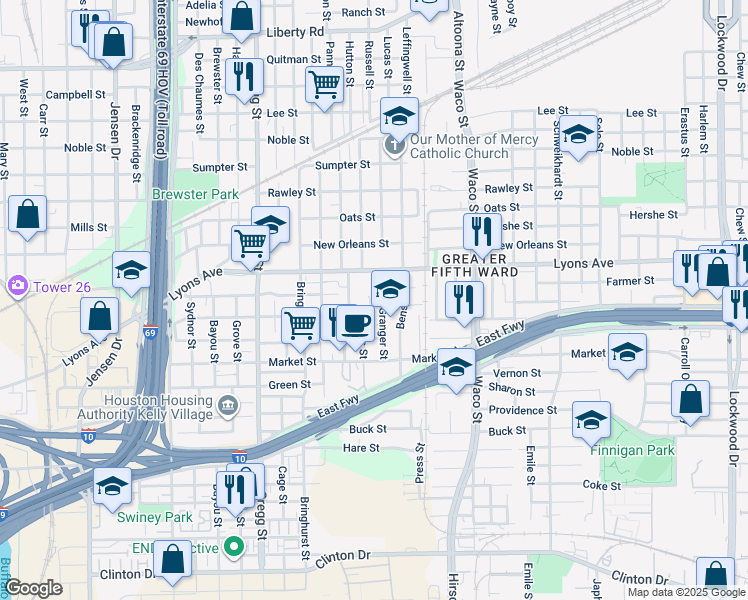 map of restaurants, bars, coffee shops, grocery stores, and more near 3917 Curtis Street in Houston