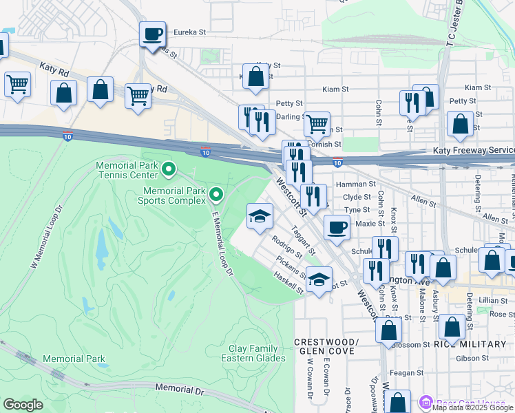 map of restaurants, bars, coffee shops, grocery stores, and more near 6638 Minola Street in Houston