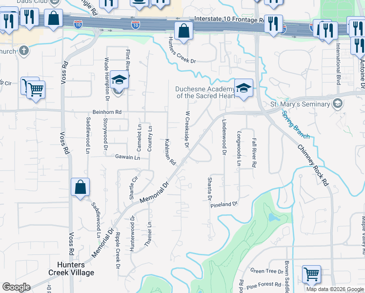 map of restaurants, bars, coffee shops, grocery stores, and more near 701 West Creekside Drive in Houston