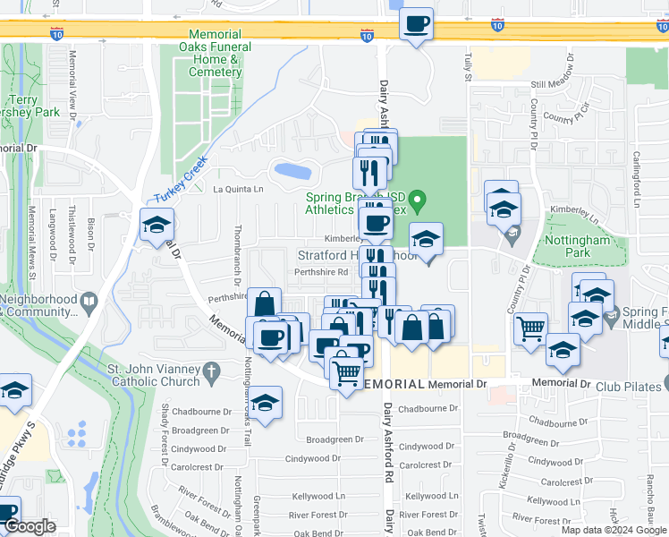 map of restaurants, bars, coffee shops, grocery stores, and more near 14682 Perthshire Road in Houston