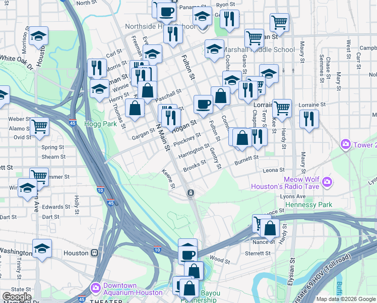 map of restaurants, bars, coffee shops, grocery stores, and more near 1703 Everett Street in Houston