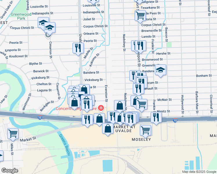 map of restaurants, bars, coffee shops, grocery stores, and more near 1101 Evanston Street in Houston