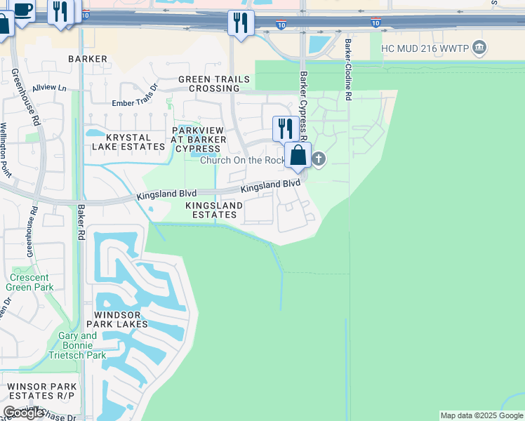 map of restaurants, bars, coffee shops, grocery stores, and more near 18325 Kingsland Boulevard in Houston