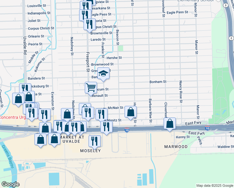 map of restaurants, bars, coffee shops, grocery stores, and more near 14107 Renault Street in Houston