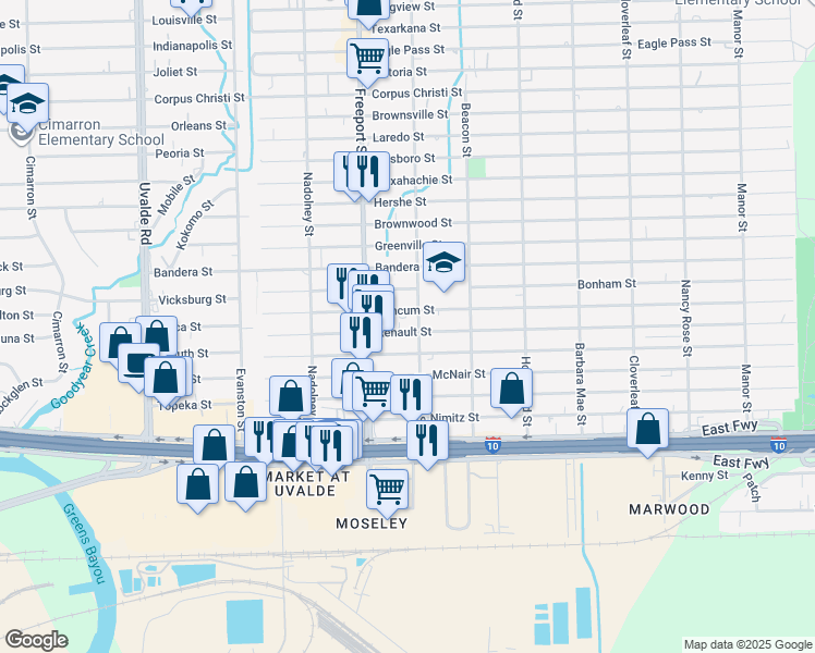 map of restaurants, bars, coffee shops, grocery stores, and more near 13958 Duncum Street in Houston