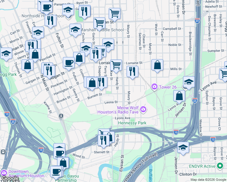 map of restaurants, bars, coffee shops, grocery stores, and more near 1508 McKee Street in Houston