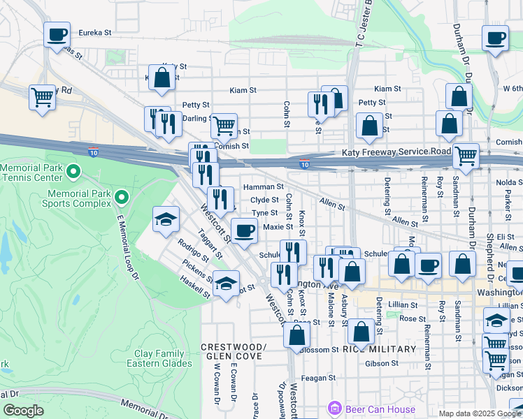 map of restaurants, bars, coffee shops, grocery stores, and more near 6113 Clyde Street in Houston