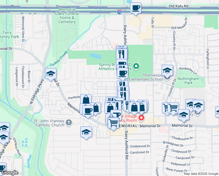 map of restaurants, bars, coffee shops, grocery stores, and more near 14682 Perthshire Road in Houston