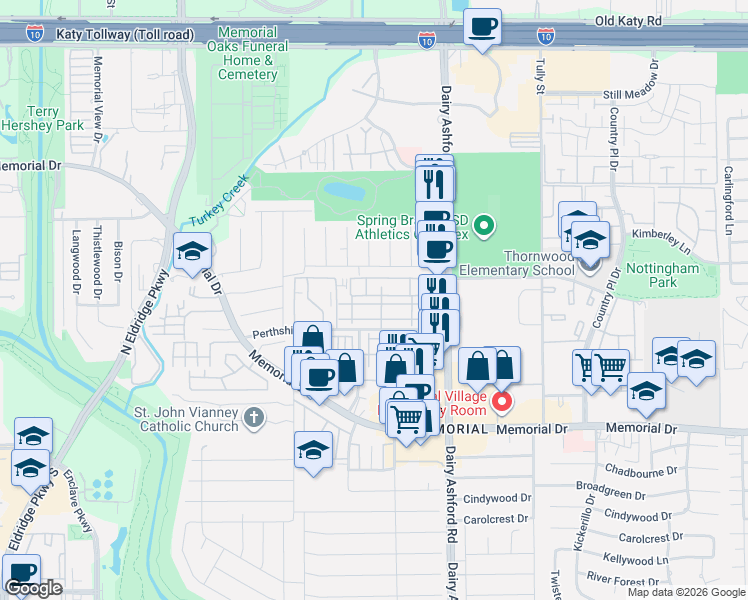 map of restaurants, bars, coffee shops, grocery stores, and more near 14722 Perthshire Road in Houston