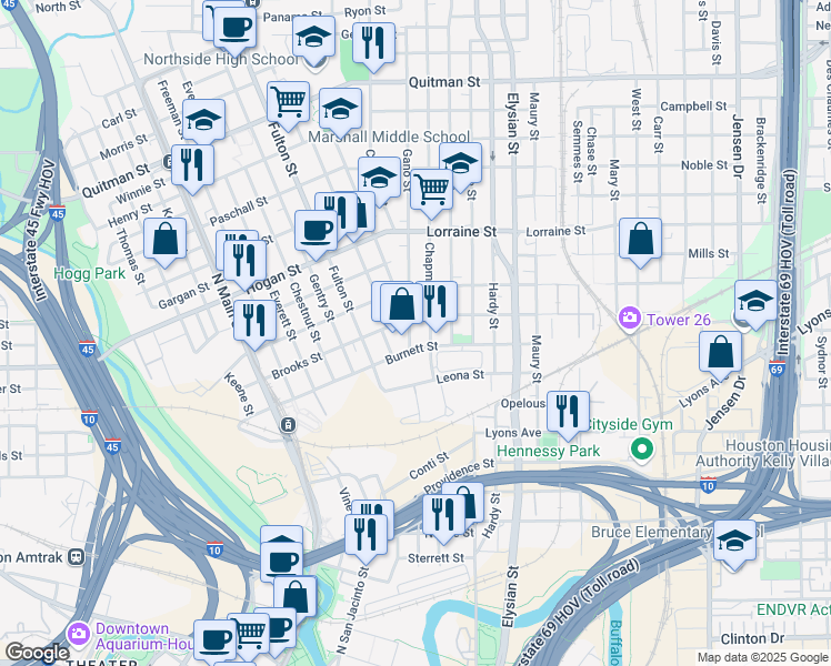 map of restaurants, bars, coffee shops, grocery stores, and more near 1206 Brooks Street in Houston