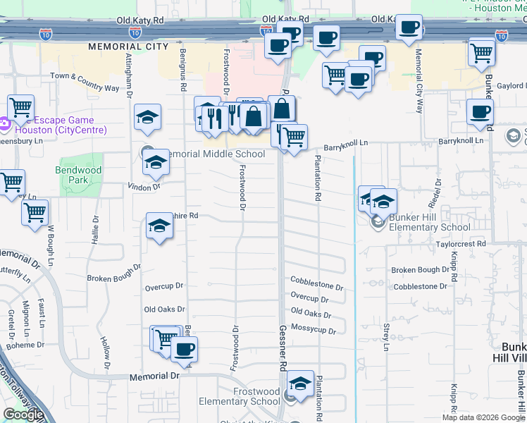 map of restaurants, bars, coffee shops, grocery stores, and more near 12315 Woodthorpe Lane in Houston