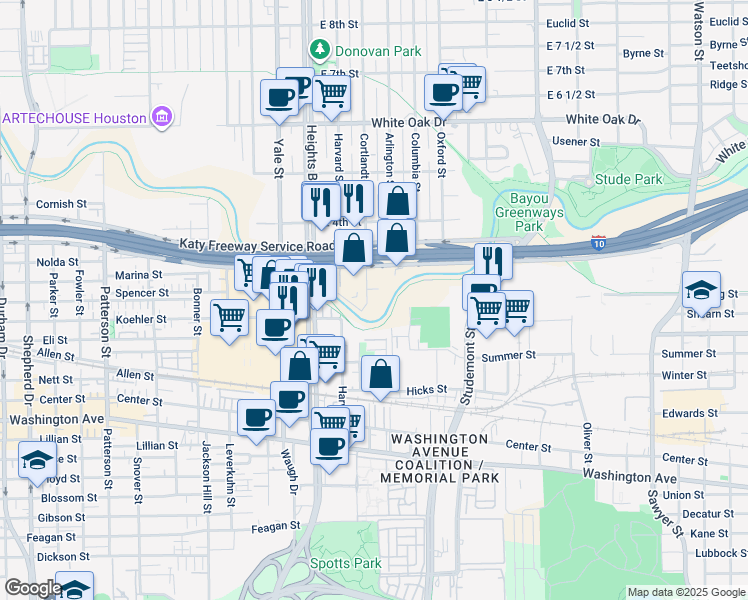 map of restaurants, bars, coffee shops, grocery stores, and more near 224 Cortlandt Street in Houston