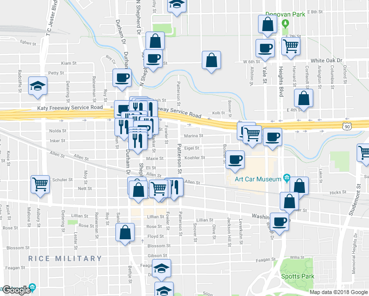 map of restaurants, bars, coffee shops, grocery stores, and more near 4434 Eigel Street in Houston