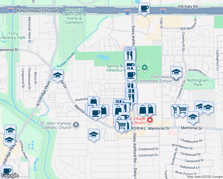 map of restaurants, bars, coffee shops, grocery stores, and more near 14722 Perthshire Road in Houston