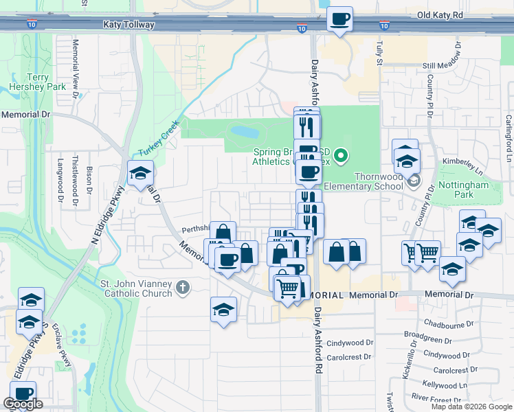 map of restaurants, bars, coffee shops, grocery stores, and more near 14722 Perthshire Road in Houston