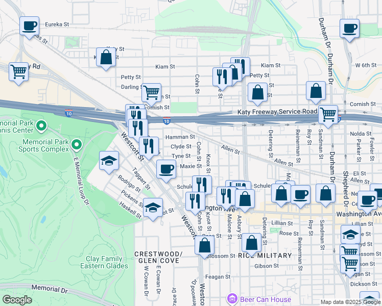 map of restaurants, bars, coffee shops, grocery stores, and more near 6008 Tyne Street in Houston