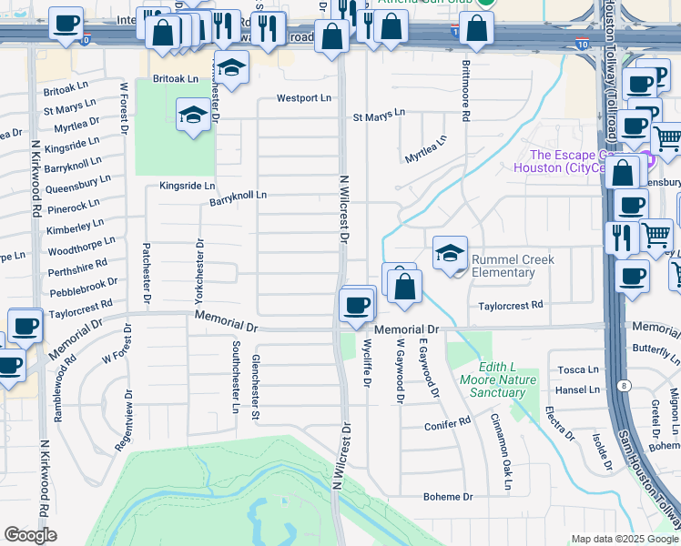 map of restaurants, bars, coffee shops, grocery stores, and more near Perthshire Road in Houston