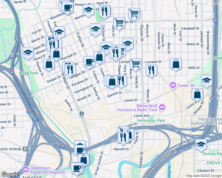 map of restaurants, bars, coffee shops, grocery stores, and more near 1206 Brooks Street in Houston