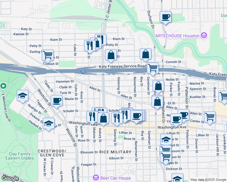 map of restaurants, bars, coffee shops, grocery stores, and more near 5317 Inker Street in Houston