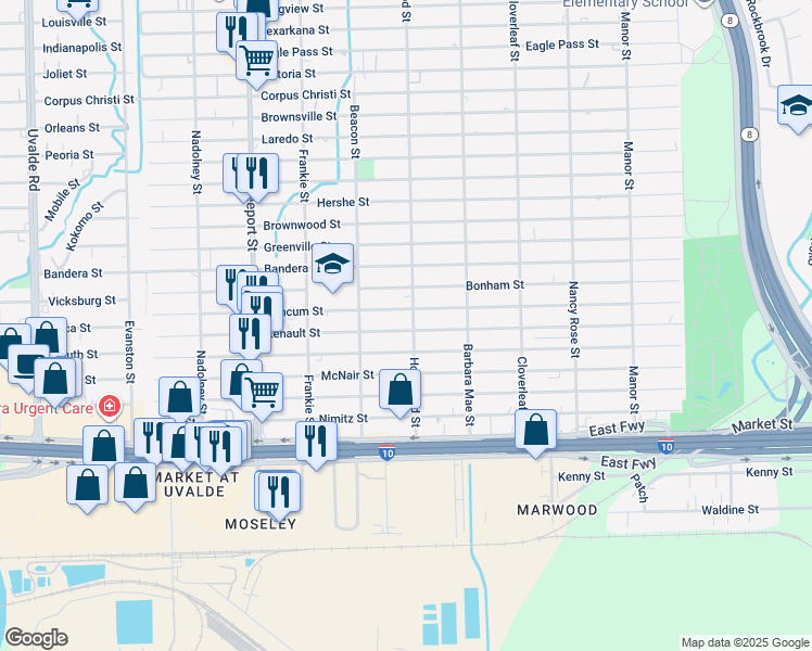 map of restaurants, bars, coffee shops, grocery stores, and more near 14149 Renault Street in Houston