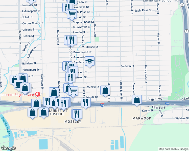 map of restaurants, bars, coffee shops, grocery stores, and more near 14107 Renault Street in Houston