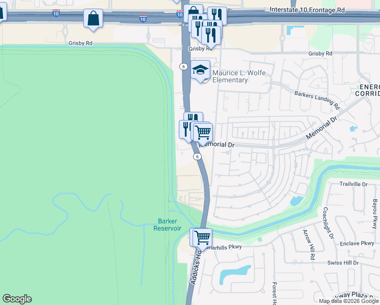 map of restaurants, bars, coffee shops, grocery stores, and more near 802 South Texas 6 in Houston