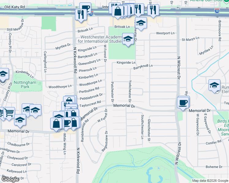 map of restaurants, bars, coffee shops, grocery stores, and more near 602 Patchester Dr in Houston
